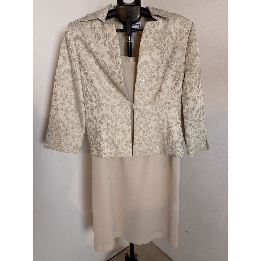 Jessica Howard 2 Piece Womans Dress Set Beige, Gold Size 8 Beaded Design